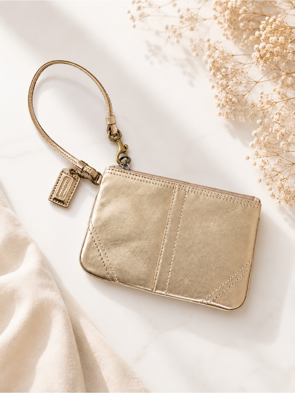Coach Metallic Gold Leather Wristlet Coin Purse Card Case NWOT